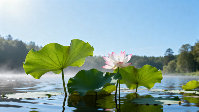 A pink lotus flower blooming on a calm lake with large green lily pads and misty background