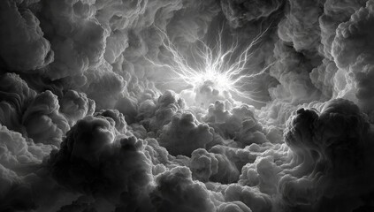 Monochromatic cloudscape depicting a radiant, energetic burst emanating from within dense, swirling cloud formations