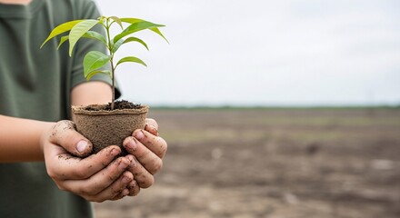 Child hands holding small plant sprout in biodegradable pot Eco friendly concept Sustainable growth image
