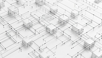 Abstract 3D rendering of a network of interconnected white cubes and thin black lines, suggesting a complex system or data flow
