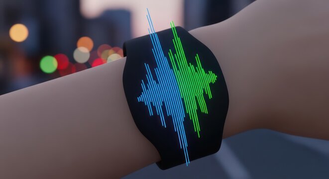 Wrist-worn Smartwatch Displaying Data Visualization with City Lights Background