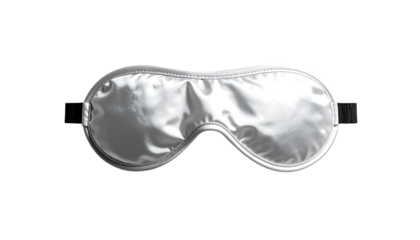 A silver, satin sleep mask with an adjustable black elastic strap.  Contoured for comfortable eye coverage