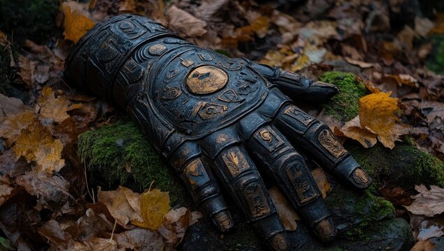 Dark, ornate gauntlet rests on mossy forest floor