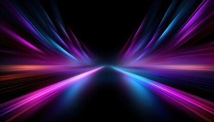 vibrant neon light beams stretching forward in a dynamic abstract futuristic landscape, glowing streaks of purple blue and pink perfect for digital backgrounds and tech design