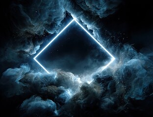 Glowing neon square frame amidst swirling blue smoke and dark background, creating a mysterious, ethereal atmosphere