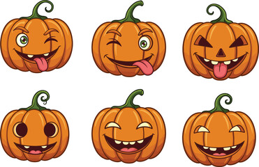 Halloween pumpkins illustration, six jack o lanterns, funny faces, spooky expressions, playful artwork, creepy festive design, horror theme, seasonal cartoon characters