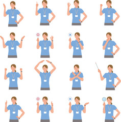 ポロシャツを着たジムの若い女性スタッフのポーズセット