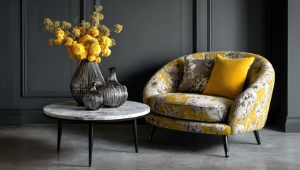 A floral-patterned armchair with yellow cushions sits beside a round marble-top coffee table, adorned with a vase of yellow flowers against a dark grey wall