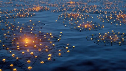 Glowing nodes connected by thin lines float on a dark blue, subtly rippling water surface, creating a network effect