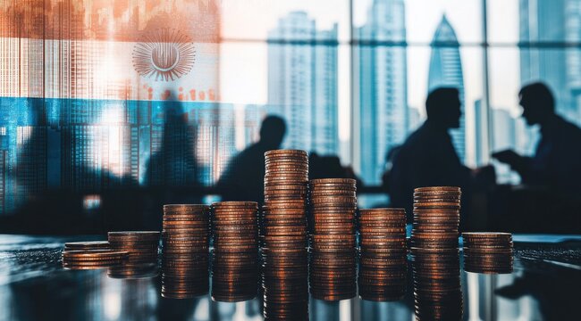 Stacks of coins in front of business people