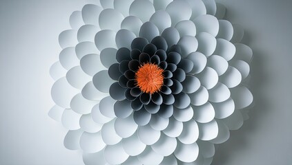Large paper flower art; concentric circles of graduated gray and white petals, orange center