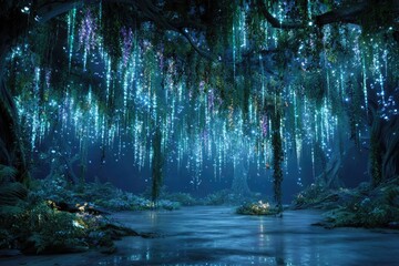 Ethereal nighttime scene; bioluminescent flora drapes from trees over a tranquil, reflective waterway