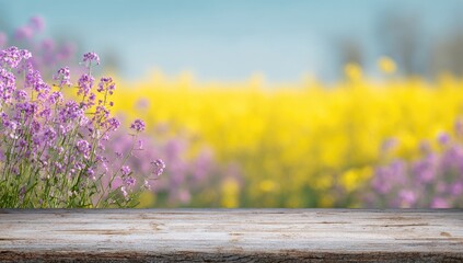 Wooden plank foregrounds purple wildflowers and a blurred yellow field under a soft blue sky