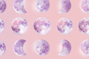 Lavender-toned moon phases repeat on a pale pink background in a grid pattern, showing various lunar cycles