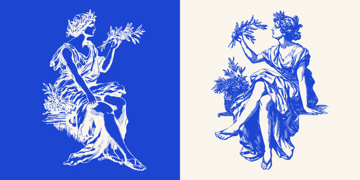 Line art style illustration of ancient muse with olive branch, classical mythology sketchy in neoclassical drawing style.