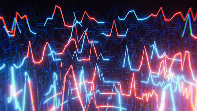 Intertwined neon lines illustrate the dynamic nature of financial markets, showing price fluctuations and trends over time