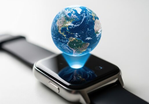 Smartwatch displays holographic earth projection symbolizing global connectivity