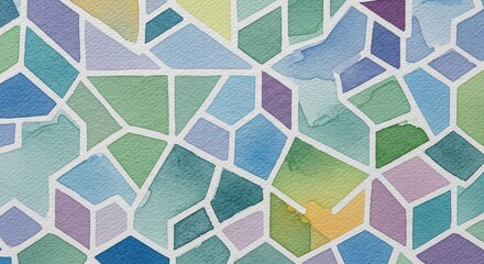 Fototapeta premium Watercolor abstract geometric pattern with colorful shapes and white lines.