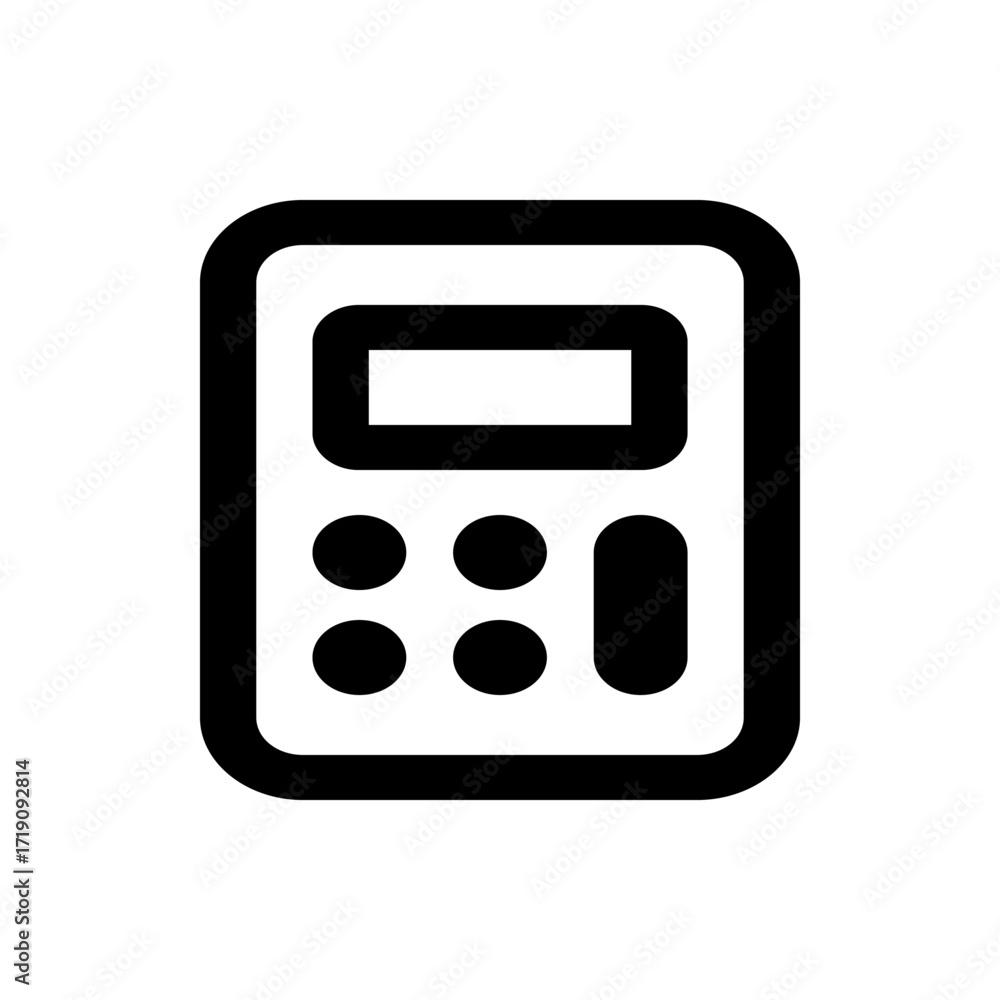 Poster illustration of a black calculator with a display and round buttons on a white background in simple 