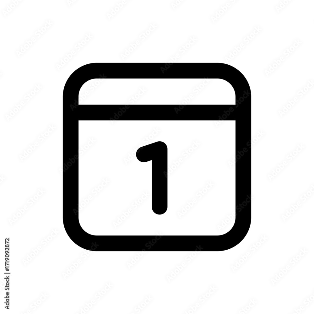 Poster illustration of a simple black calendar icon with rounded corners displaying the number one in the c