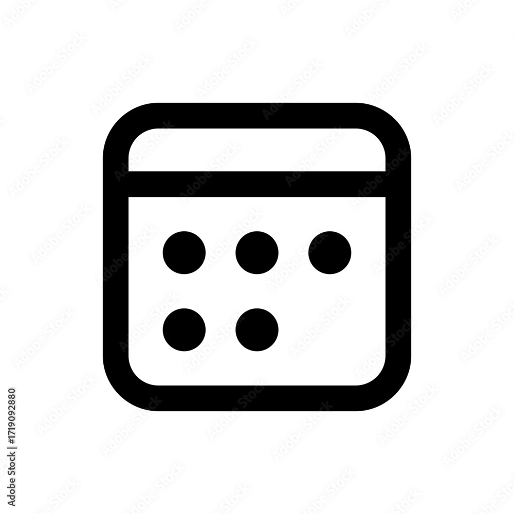Poster black and white calendar icon with rounded corners and five circular dots arranged in two rows insid