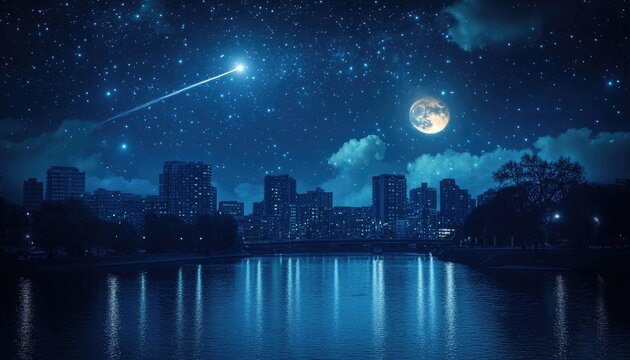 City skyline at night, starry sky, moon, and river reflection - Powered by Adobe