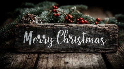 Holiday Promo Backdrop Merry Christmas Script on Wood with Pine & Holly