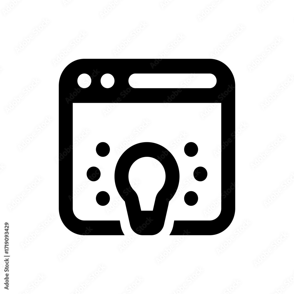 Poster illustration of a website interface with a lightbulb icon and circular indicators in black and white