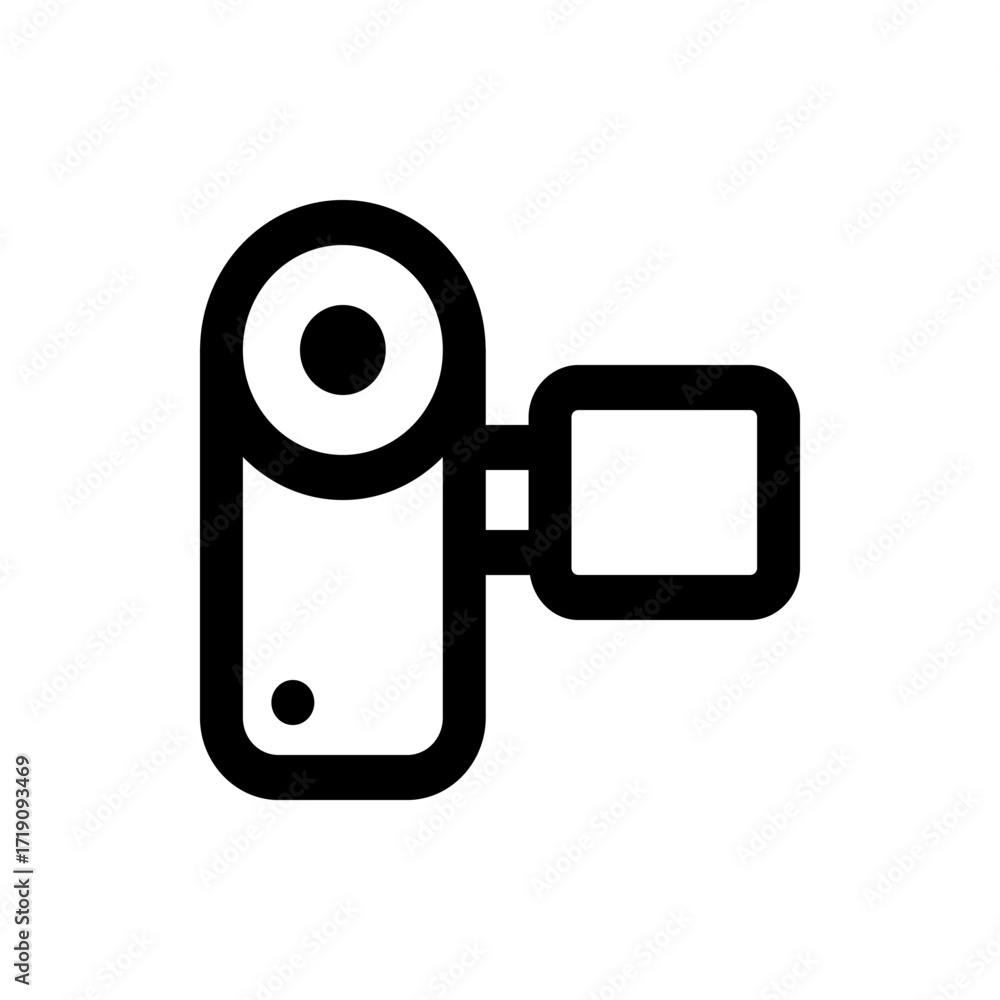 Poster illustration of a camcorder with a circular lens and a rectangular viewfinder in a minimalist style 