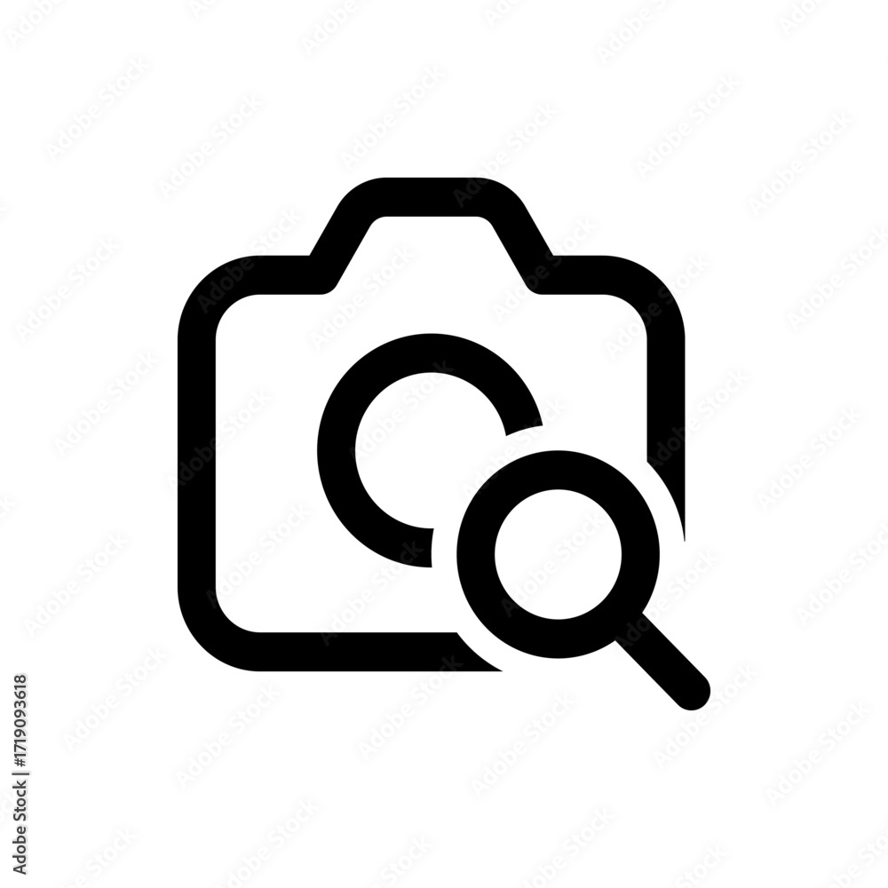 Poster camera icon with magnifying glass overlay representing photo search and image exploration in simple 