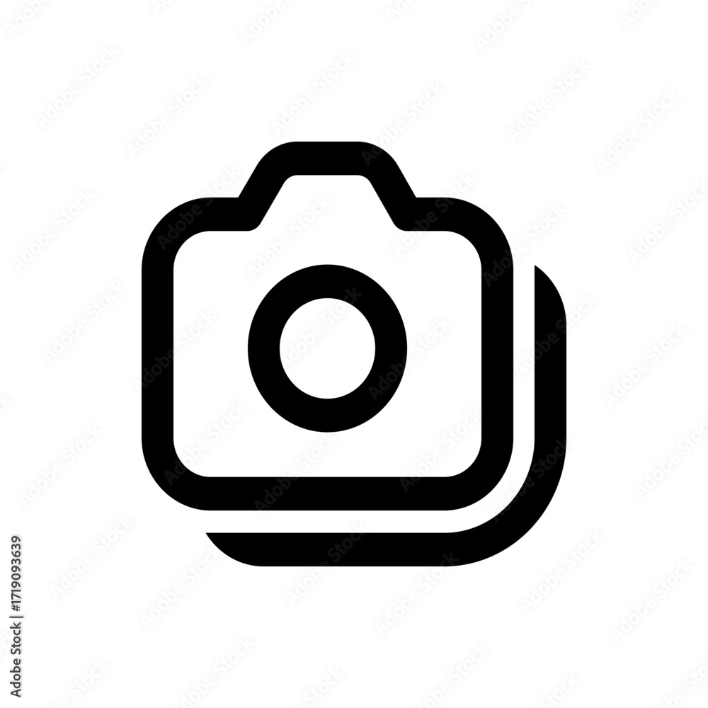 Poster illustration of a stylized camera icon with rounded edges and a duplicate outline on the lower right