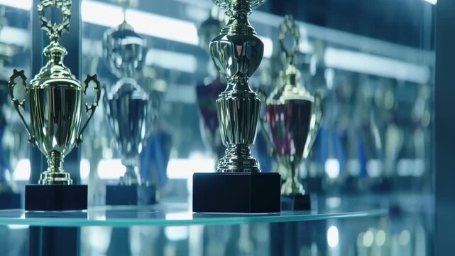 Display of various metallic trophies in a glass case