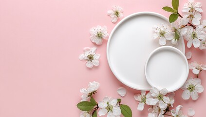 Pastel pink background features two blank white plates adorned with delicate white blossoms and green leaves, creating a spring-themed arrangement