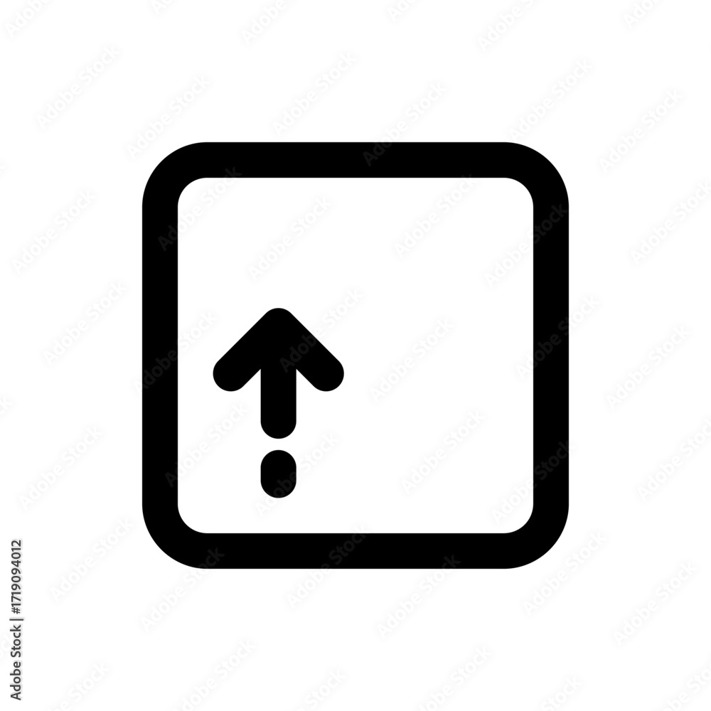 Poster black upload icon inside rounded square with arrow pointing up and dot below, isolated on white back