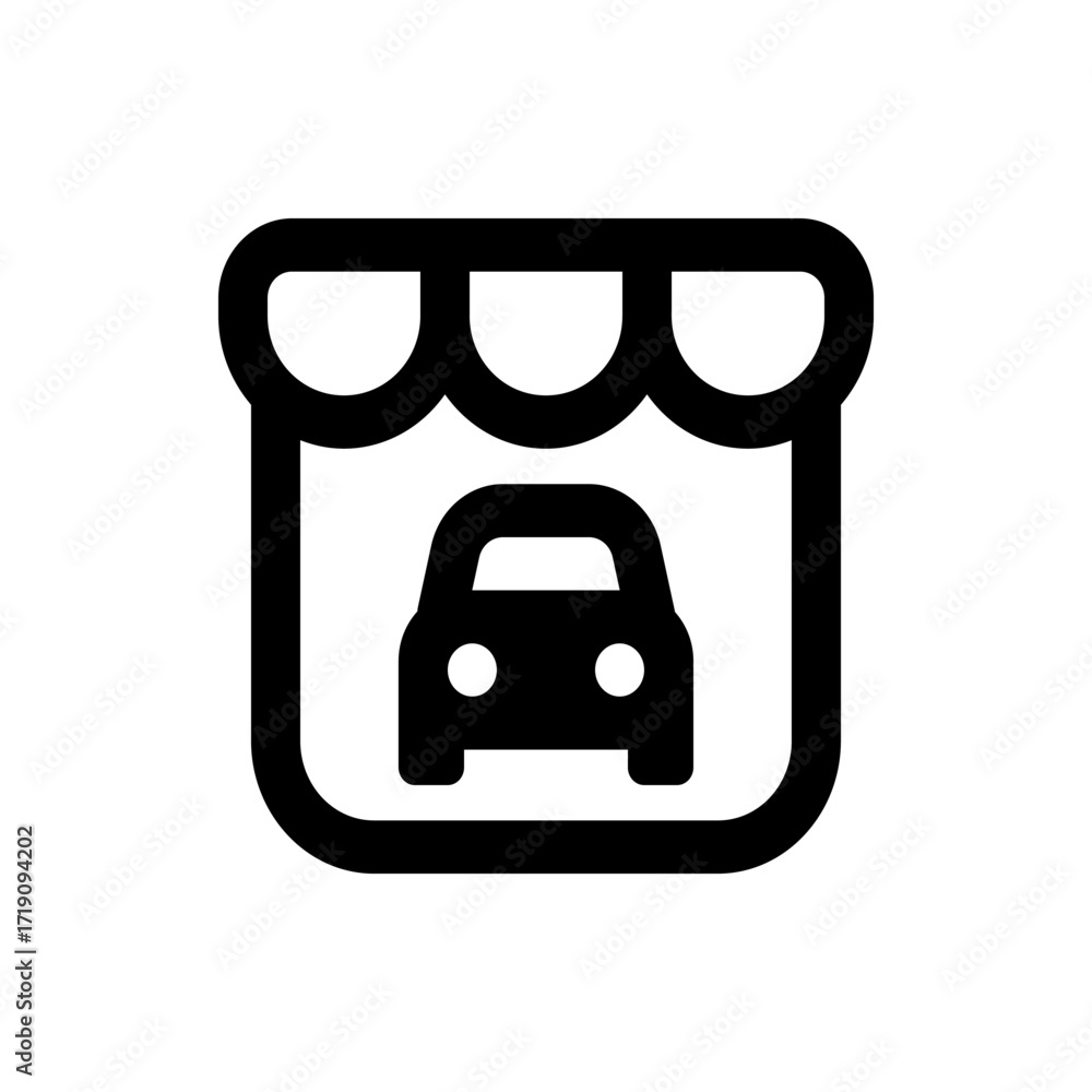 Poster black and white icon showing a car inside a building with a scalloped roof design in a simple style