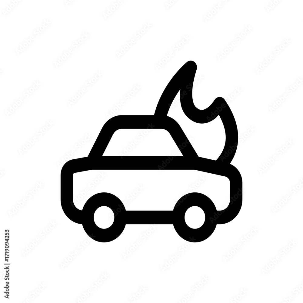 Poster illustration of a car with rounded edges and a flame emanating from it depicted in simple black line