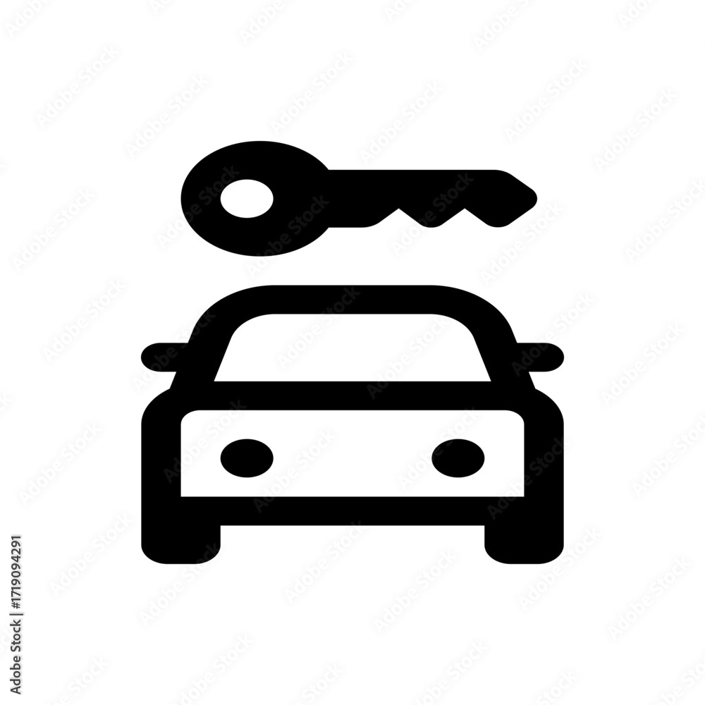 Poster illustration of a car viewed from the front with a key above it in black and white simple design sty