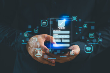 Digital payment concept with businessman using smartphone for secure online transaction, paying utility bills, credit card processing, fintech, mobile banking, e-commerce and financial technology.