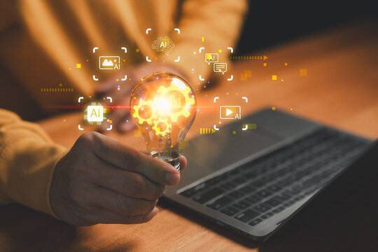 Artificial intelligence innovation concept with person holding light bulb, symbolizing AI technology, creative ideas, digital solution, machine learning, future innovation, smart business strategy.