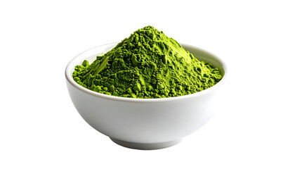 A small white bowl brimming with a vibrant green powder, finely textured and piled high in a softly peaked mound