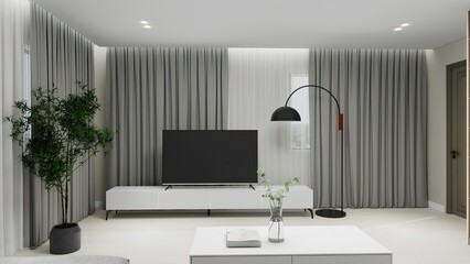 Modern living room with a sleek TV unit, tall grey curtains, a stylish black floor lamp, potted plant, and minimalist coffee table, creating a calm and elegant atmosphere