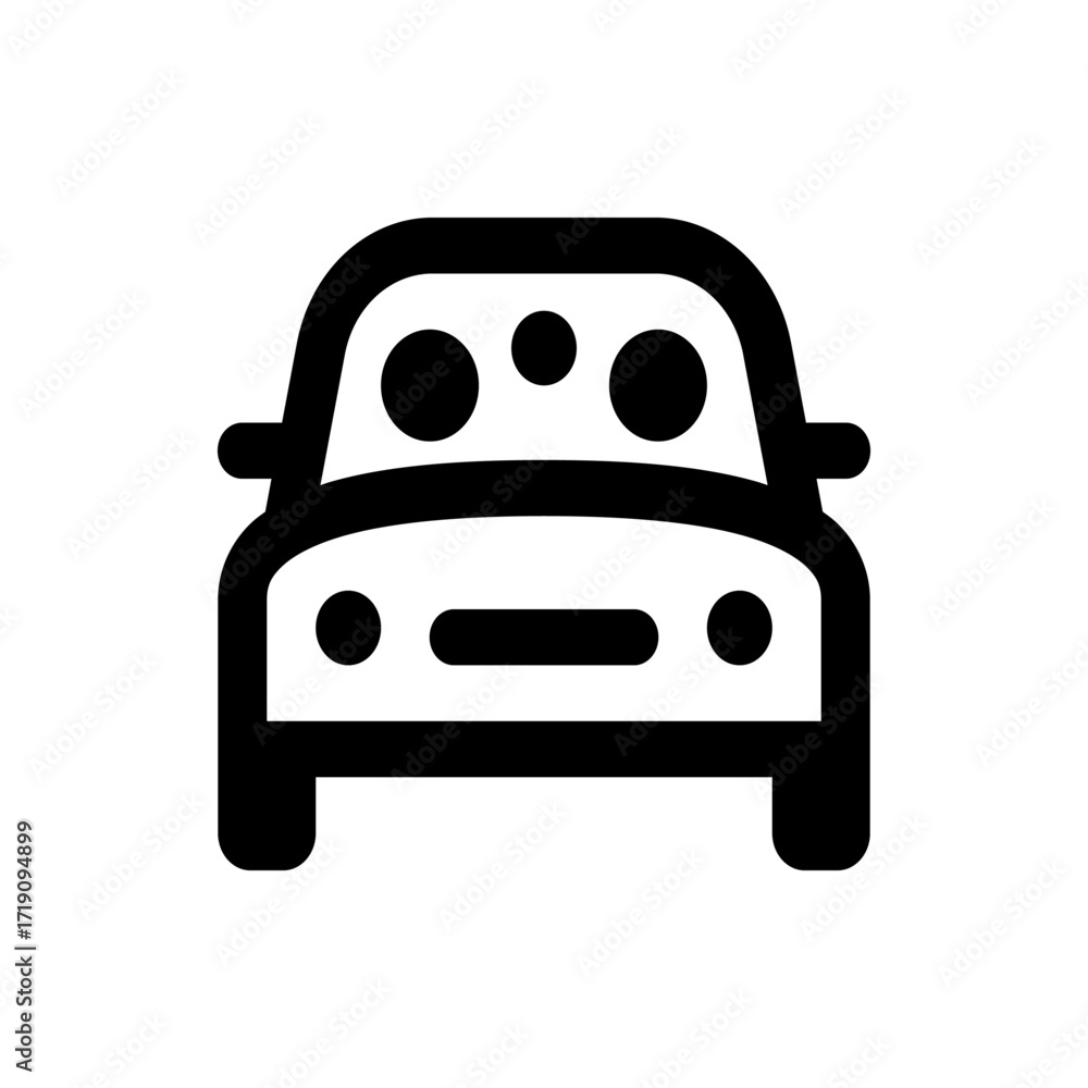 Poster front view of a car with rounded features and simple design elements in black and white color scheme