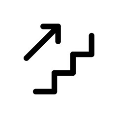 Black arrow pointing upwards diagonally near a black staircase on a white background in a simple style