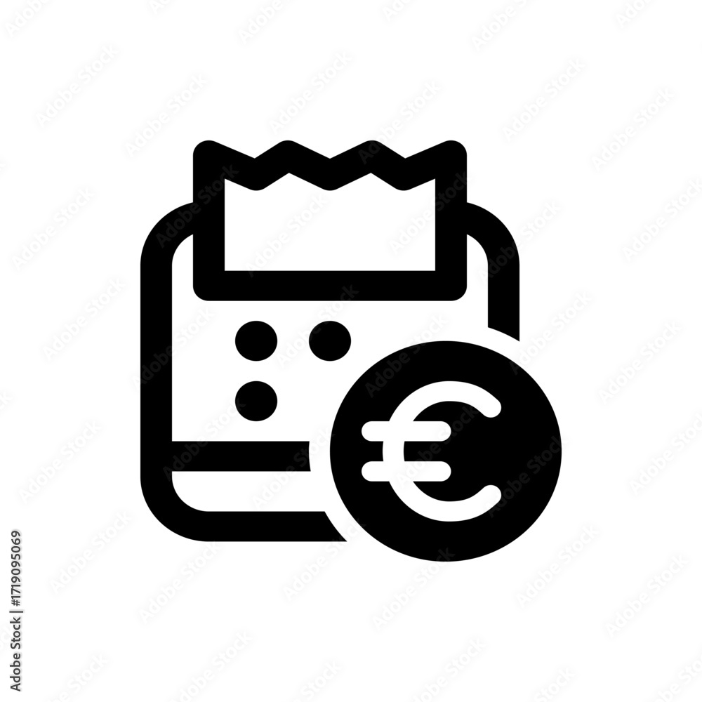 Poster black and white icon showing a receipt with jagged top edge and euro coin next to it in simple style