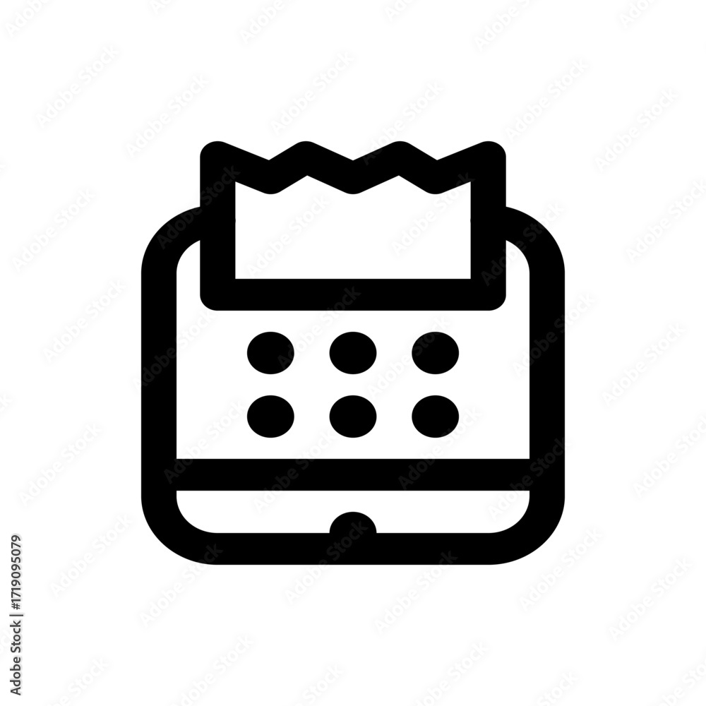 Poster black outline of a mobile device with a receipt printer attached and a keypad with six circular butt