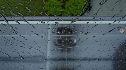 Rain-Kissed Ride: A car navigates a rain-slicked road, raindrops blurring the scene, emphasizing the car's motion, as the driver experiences the immersive sensory experience of rain.