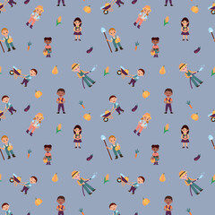Seamless Pattern of  Farmers and Crops.  Design for fabric, textile, wallpaper, packaging, for children.	