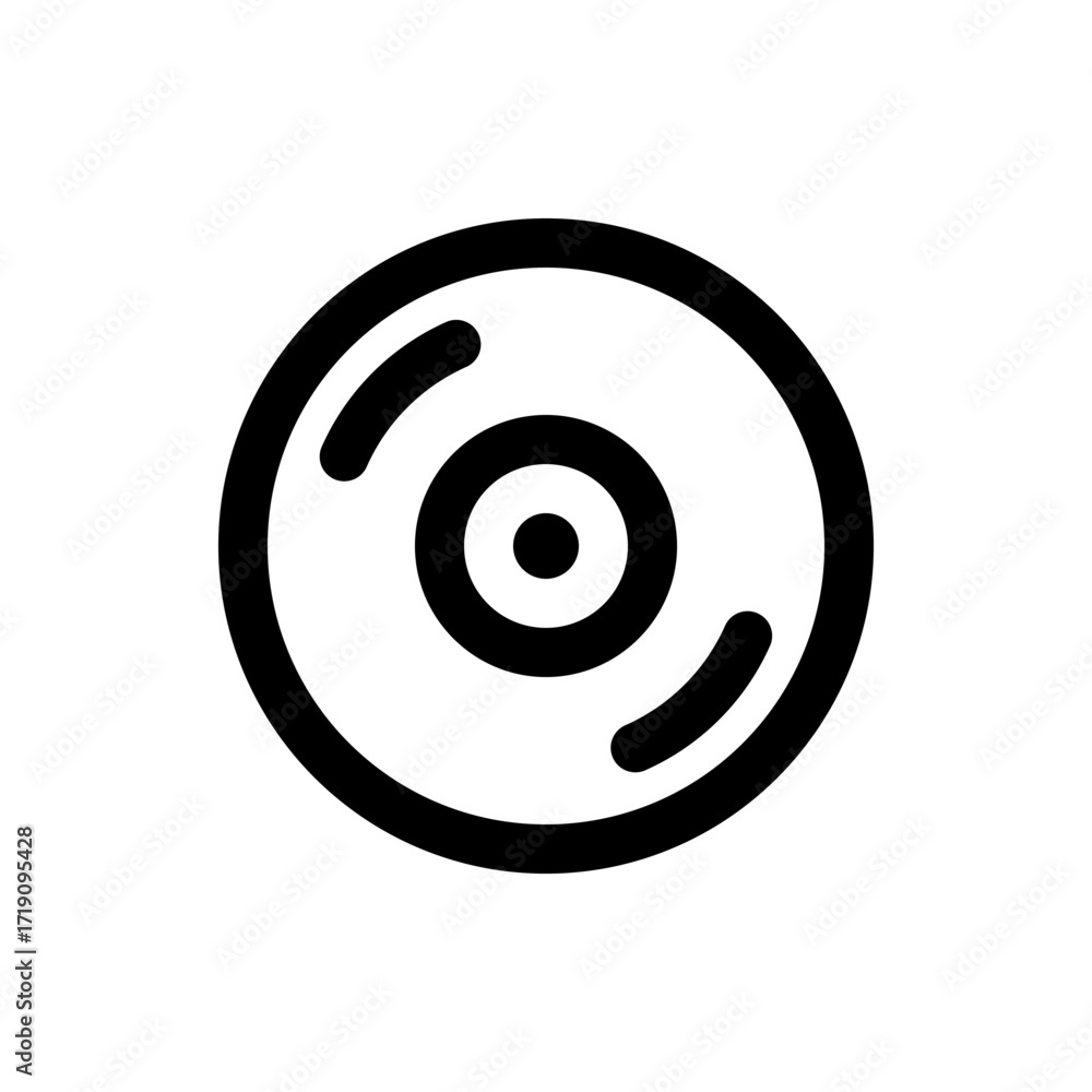 Poster illustration of a compact disc with circular design and two curved lines in a simple black and white