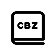 Illustration of a cbz file icon with a black border and white fill representing a digital comic book archive
