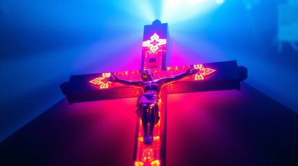 Illuminated Cross: The silhouette of a cross, its surface aglow with vibrant lights against the backdrop of an atmospheric setting. This powerful visual evokes feelings of reverence.